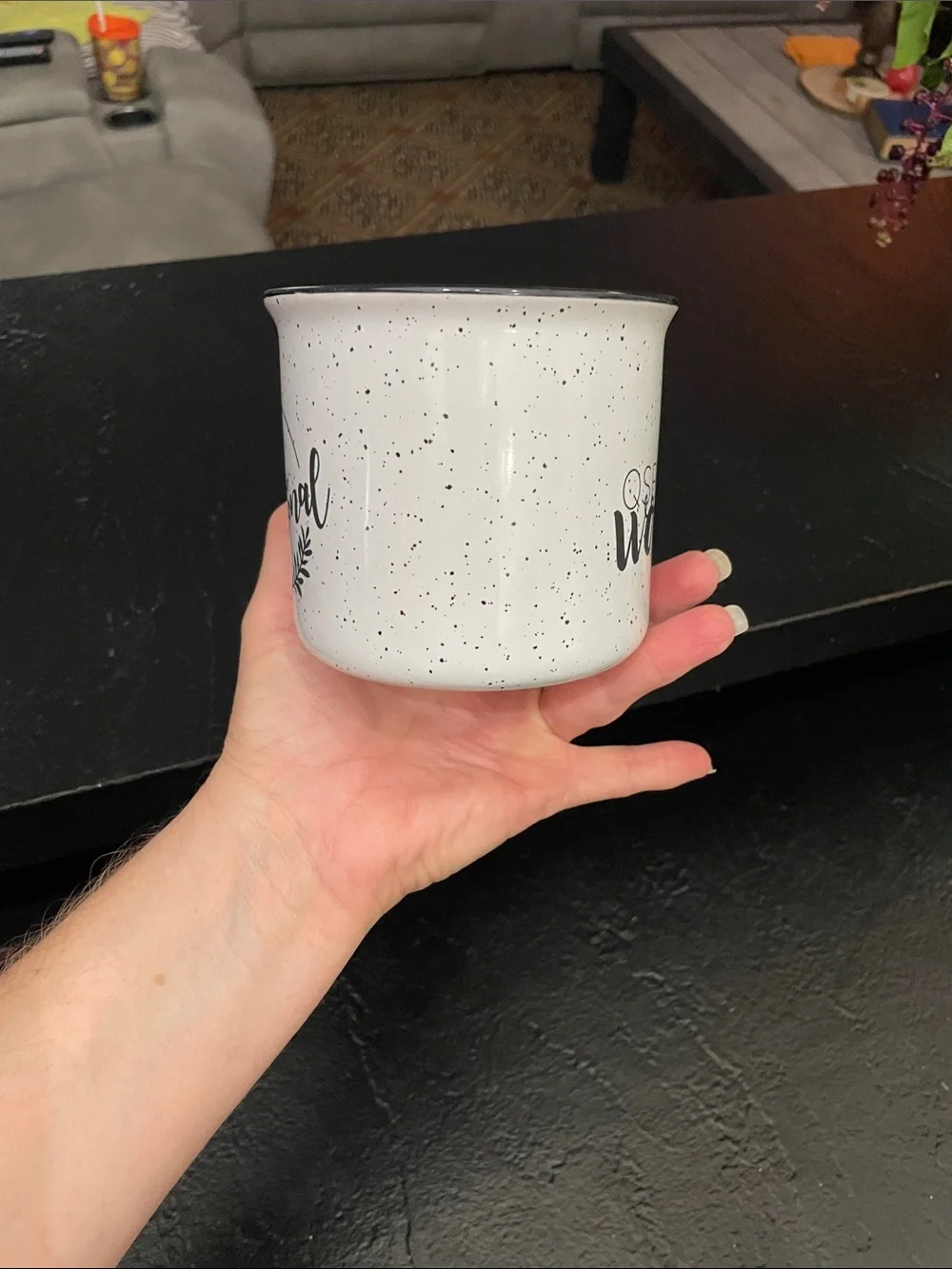 QSBC Women Speckled Ceramic Mug - White with Black Print